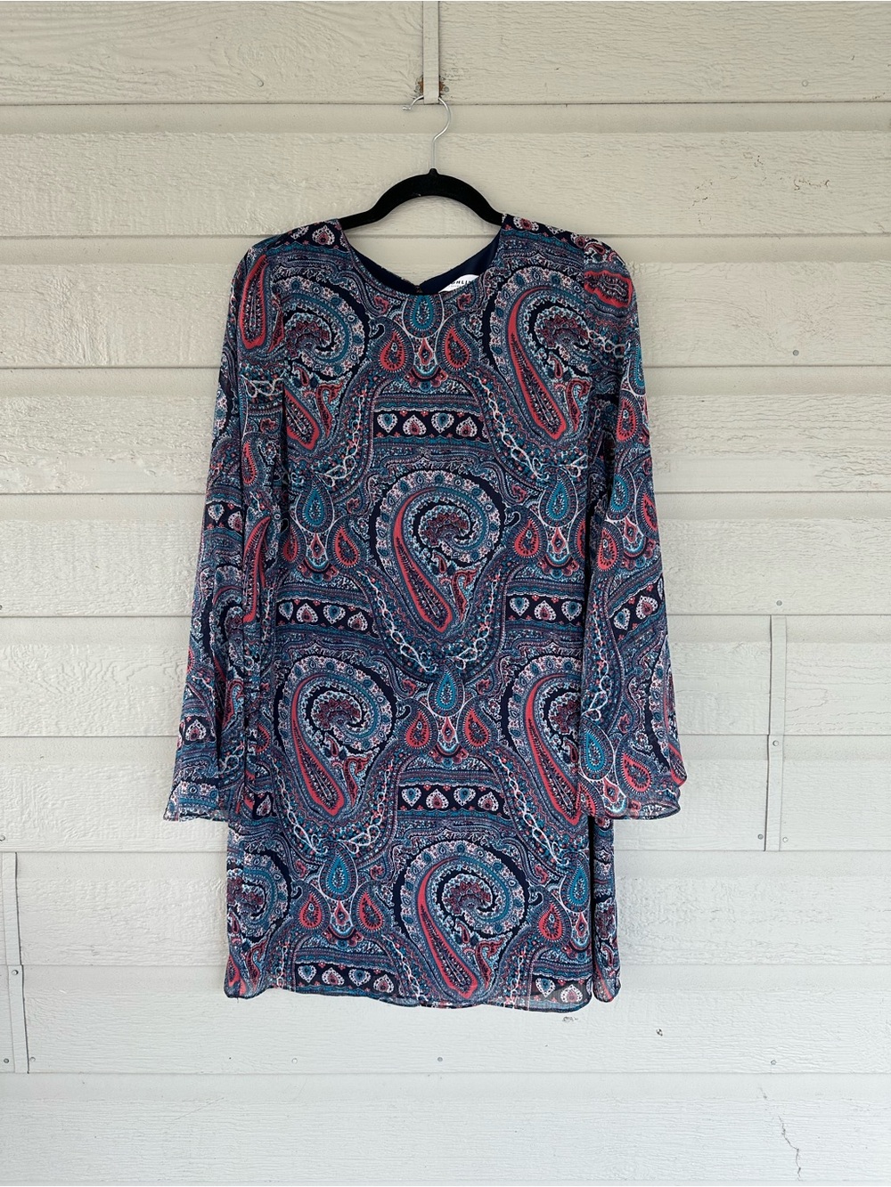 Women's Long Sleeve Paisley Shift Dress in Navy and Teal